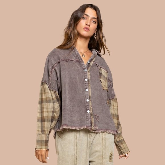 POL Oversized Casual Mocha Plaid Shacket - Picture 5 of 10